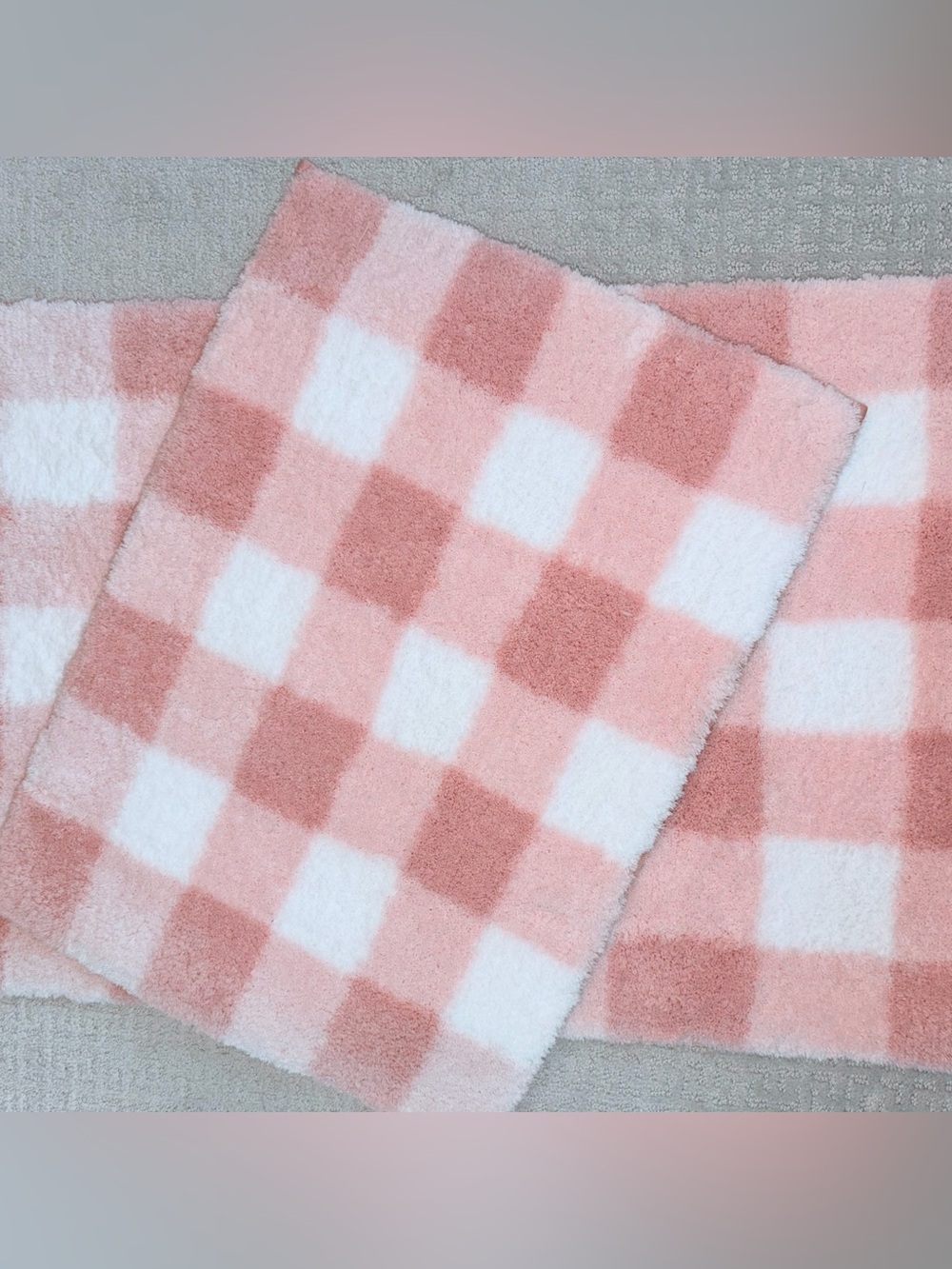 Pink Gingham checked bath mat rug set of 2 NEW